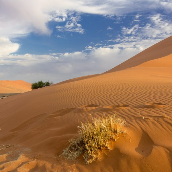 orange Sanddüne vor blauem Himmel mit Wolken