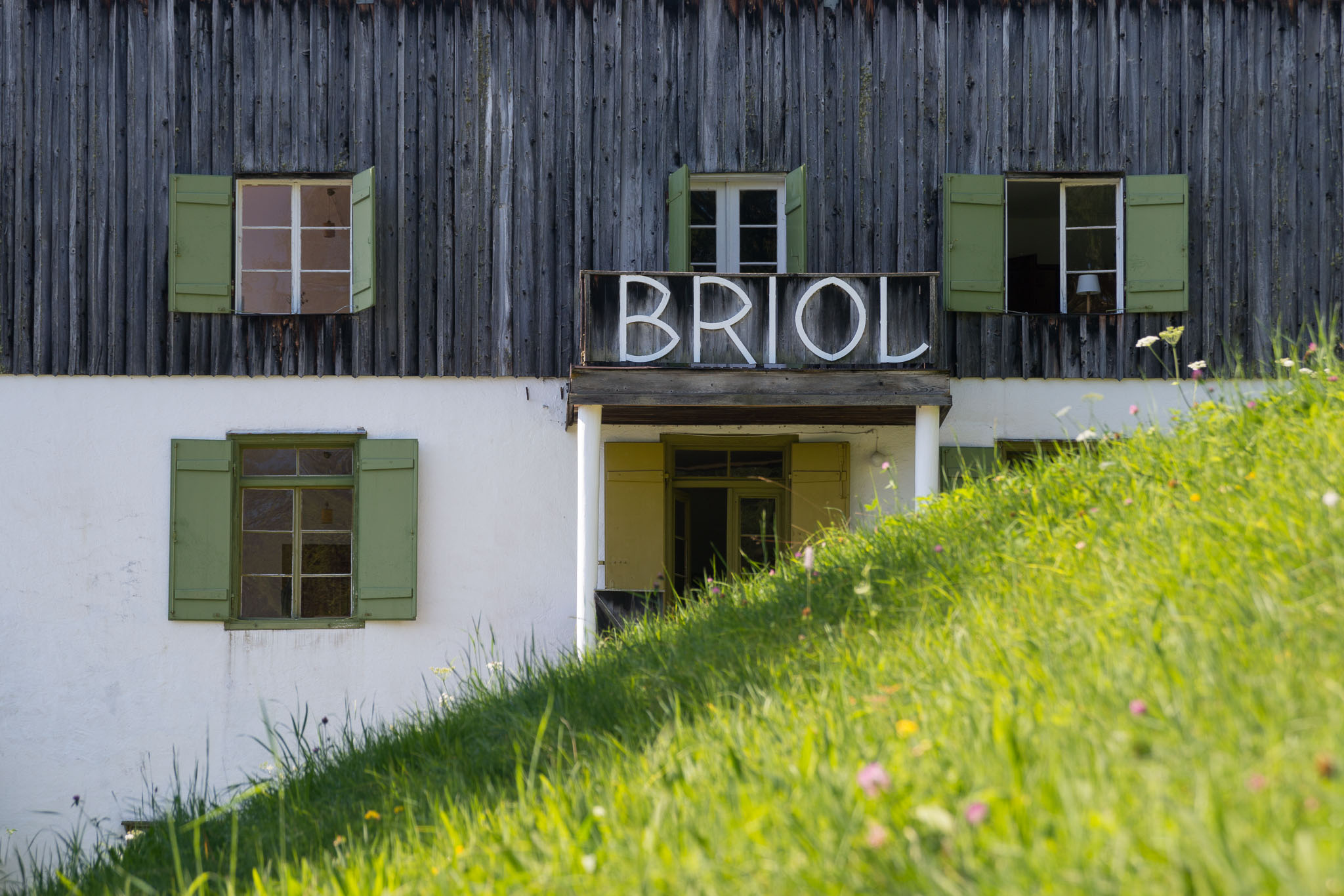 Grüne Bergwiese vorm Seiteneingang von Briol